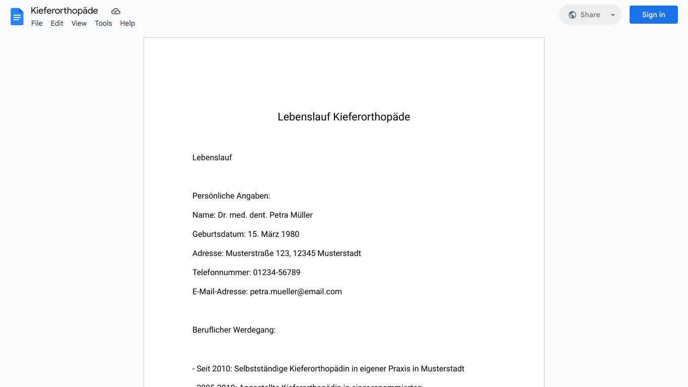 Lebenslauf-Kieferorthopäde