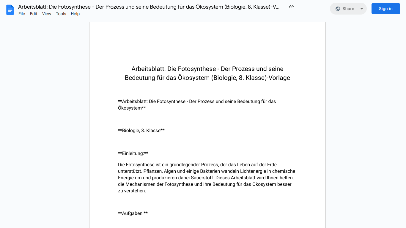 Arbeitsblatt: Die Fotosynthese - Der Prozess und seine Bedeutung für das Ökosystem (Biologie, 8. Klasse)-Vorlage