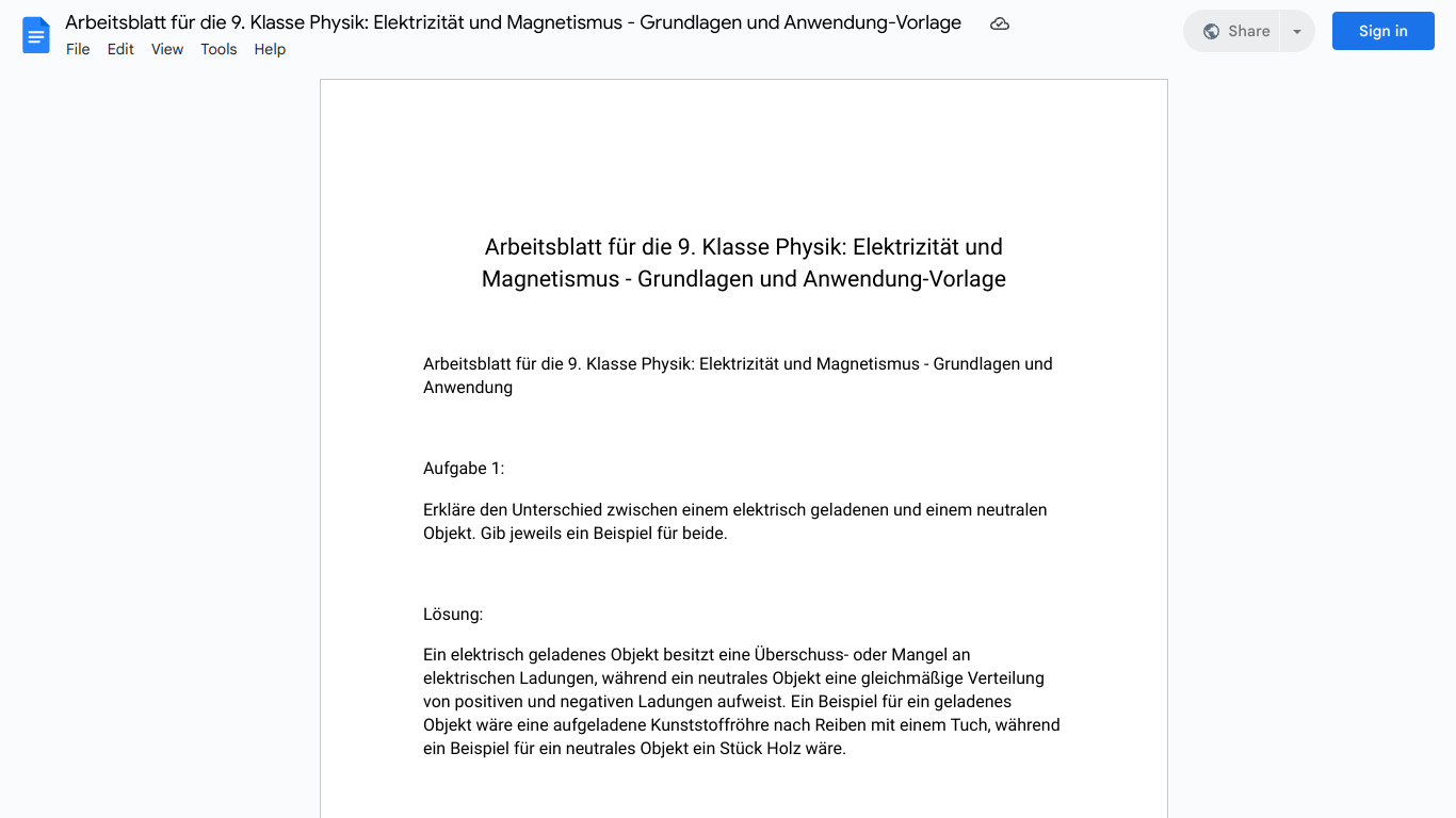 Arbeitsblatt für die 9. Klasse Physik: Elektrizität und Magnetismus - Grundlagen und Anwendung-Vorlage