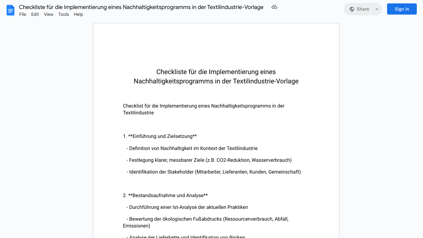 Checkliste für die Implementierung eines Nachhaltigkeitsprogramms in der Textilindustrie-Vorlage