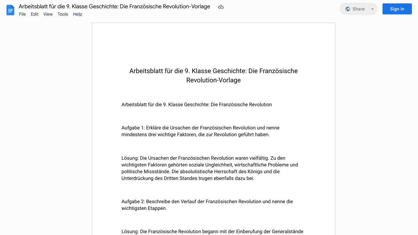 Arbeitsblatt für die 9. Klasse Geschichte: Die Französische Revolution-Vorlage