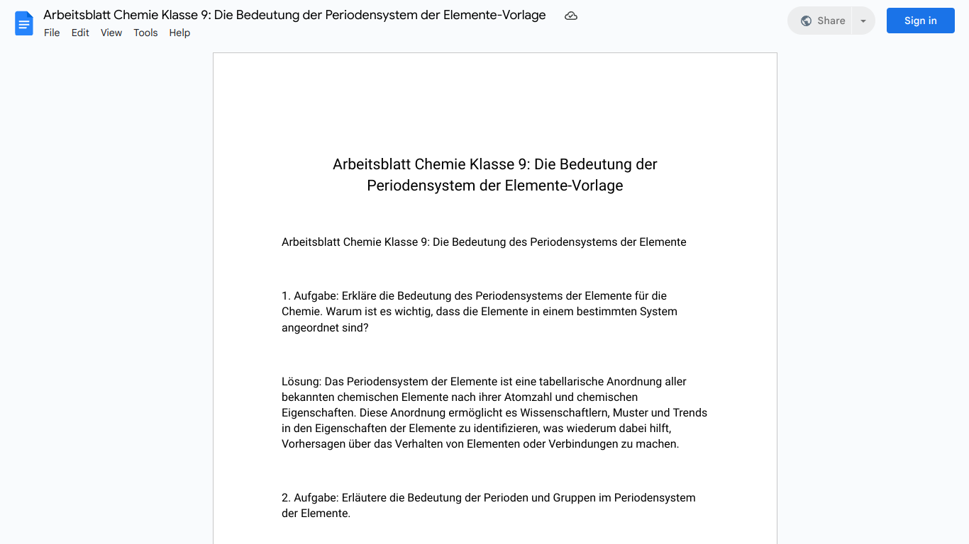 Arbeitsblatt Chemie Klasse 9: Die Bedeutung der Periodensystem der Elemente-Vorlage