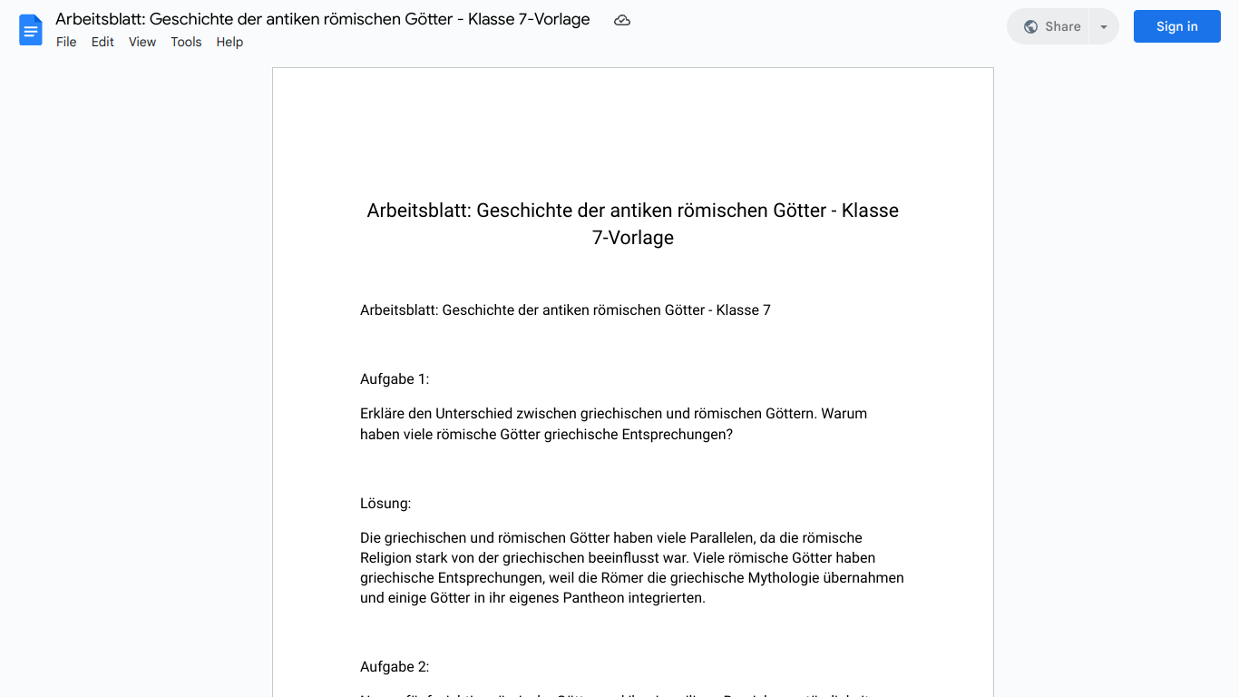 Arbeitsblatt: Geschichte der antiken römischen Götter - Klasse 7-Vorlage