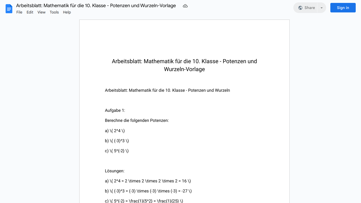 Arbeitsblatt: Mathematik für die 10. Klasse - Potenzen und Wurzeln-Vorlage