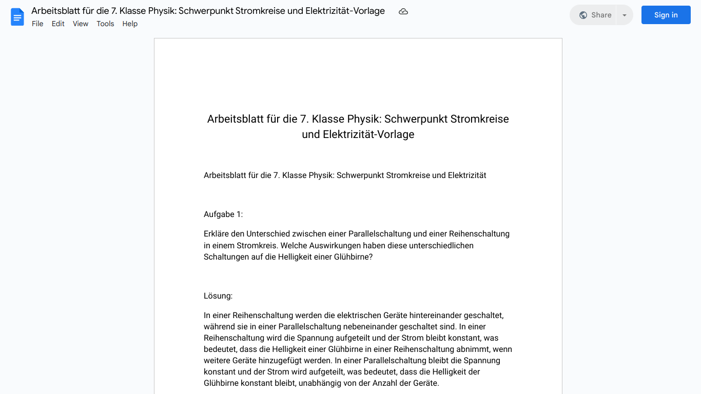 Arbeitsblatt für die 7. Klasse Physik: Schwerpunkt Stromkreise und Elektrizität-Vorlage