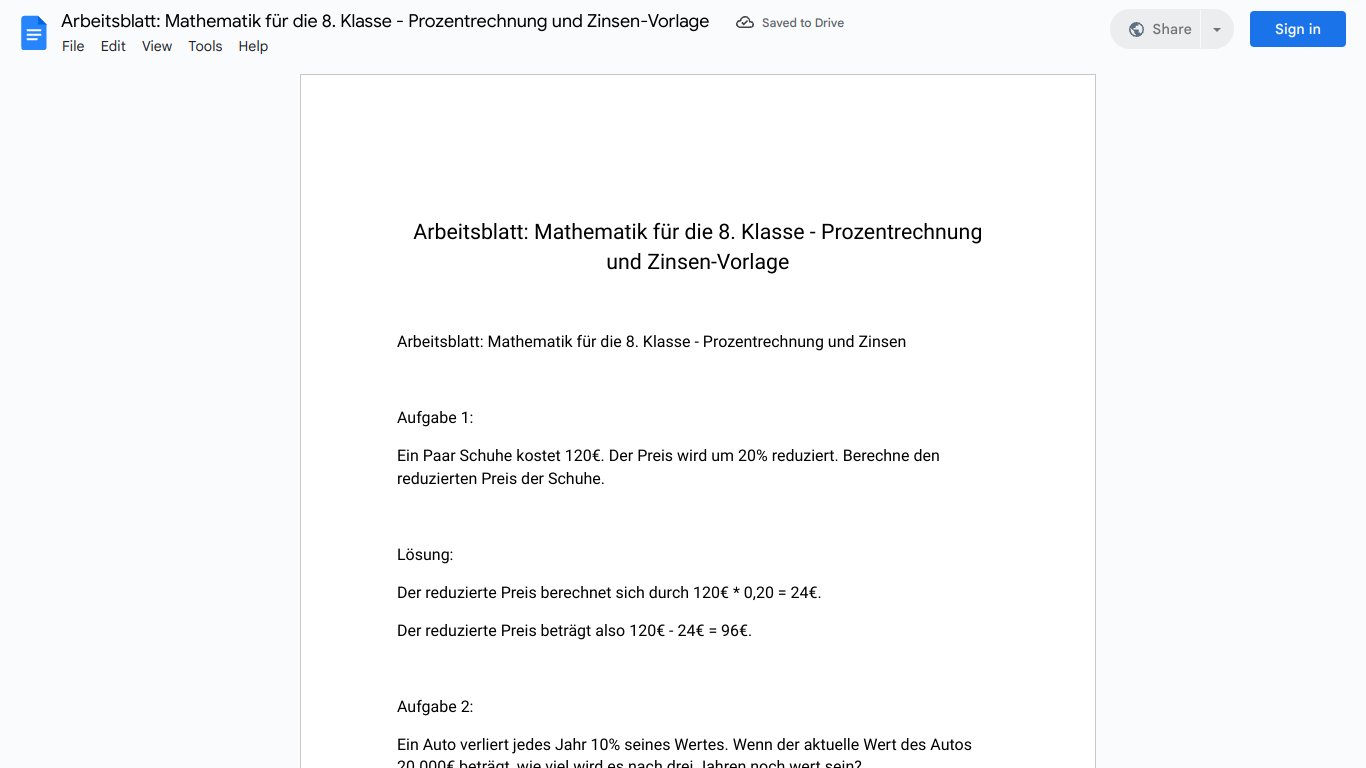 Arbeitsblatt: Mathematik für die 8. Klasse - Prozentrechnung und Zinsen-Vorlage