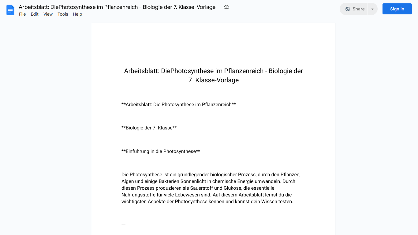 Arbeitsblatt: DiePhotosynthese im Pflanzenreich - Biologie der 7. Klasse-Vorlage