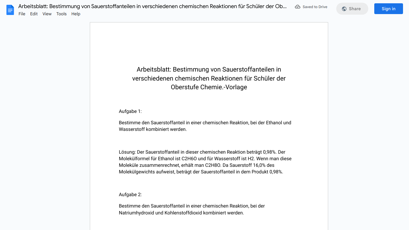 Arbeitsblatt: Bestimmung von Sauerstoffanteilen in verschiedenen chemischen Reaktionen für Schüler der Oberstufe Chemie.-Vorlage