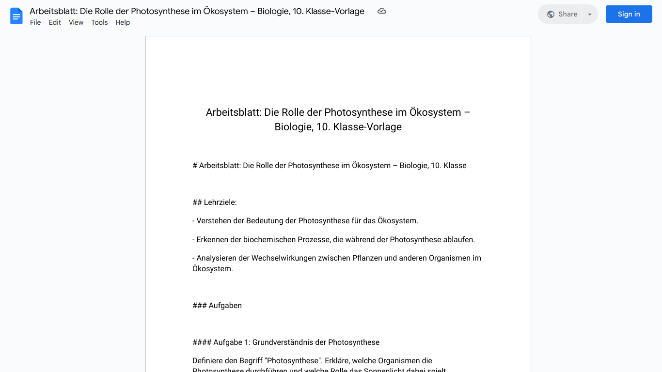 Arbeitsblatt: Die Rolle der Photosynthese im Ökosystem – Biologie, 10. Klasse-Vorlage