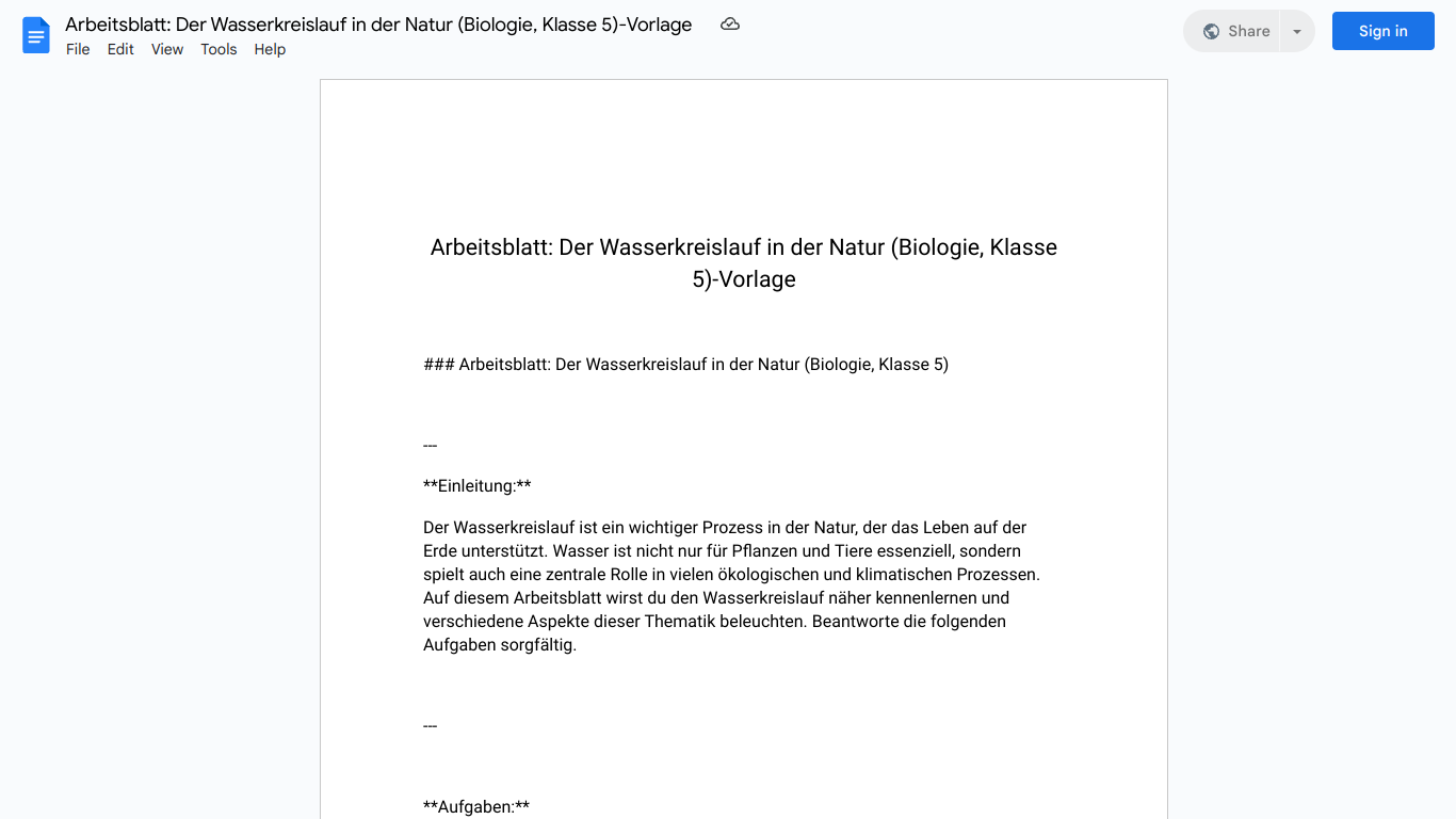 Arbeitsblatt: Der Wasserkreislauf in der Natur (Biologie, Klasse 5)-Vorlage