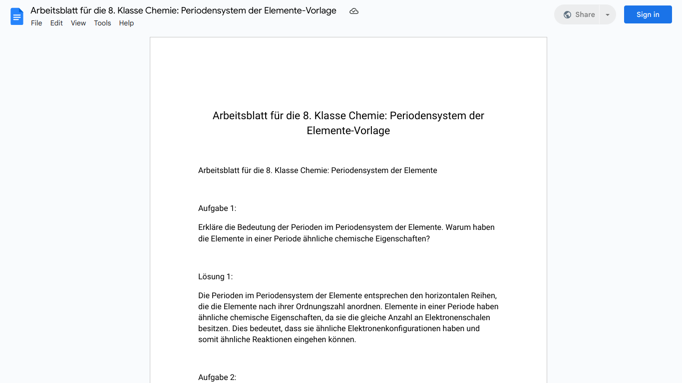 Arbeitsblatt für die 8. Klasse Chemie: Periodensystem der Elemente-Vorlage