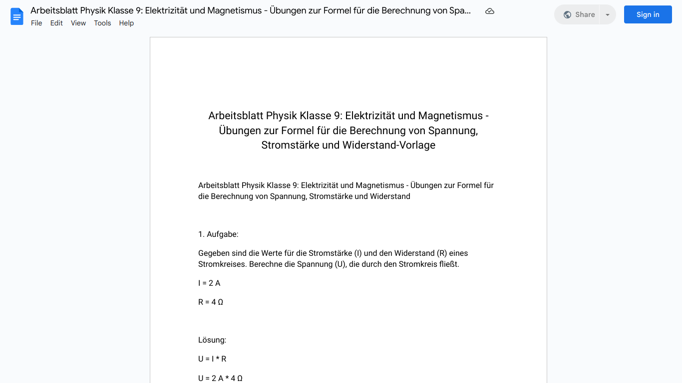 Arbeitsblatt Physik Klasse 9: Elektrizität und Magnetismus - Übungen zur Formel für die Berechnung von Spannung, Stromstärke und Widerstand-Vorlage