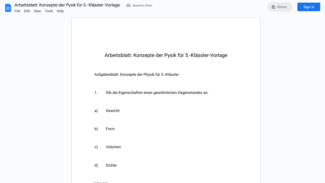 Arbeitsblatt: Konzepte der Pysik für 5.-Klässler-Vorlage