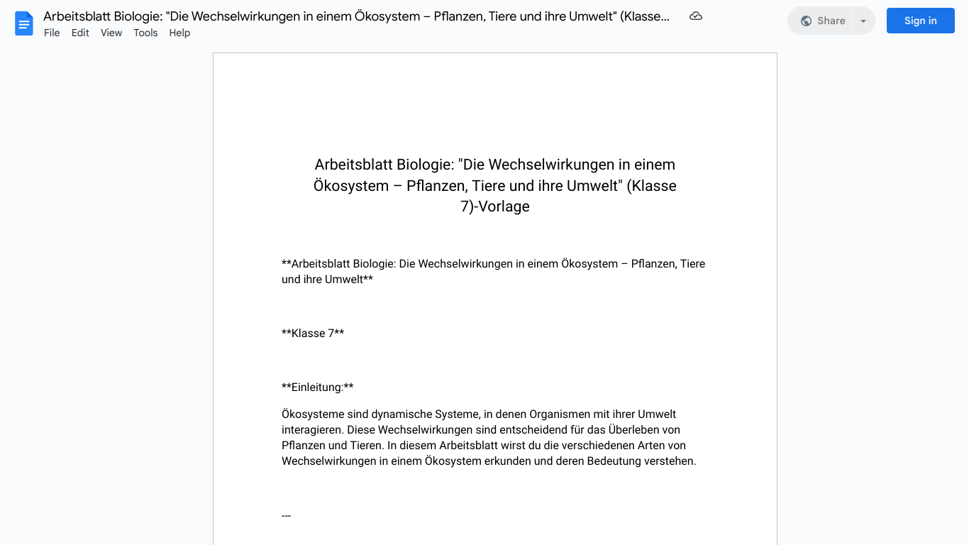 Arbeitsblatt Biologie: "Die Wechselwirkungen in einem Ökosystem – Pflanzen, Tiere und ihre Umwelt" (Klasse 7)-Vorlage