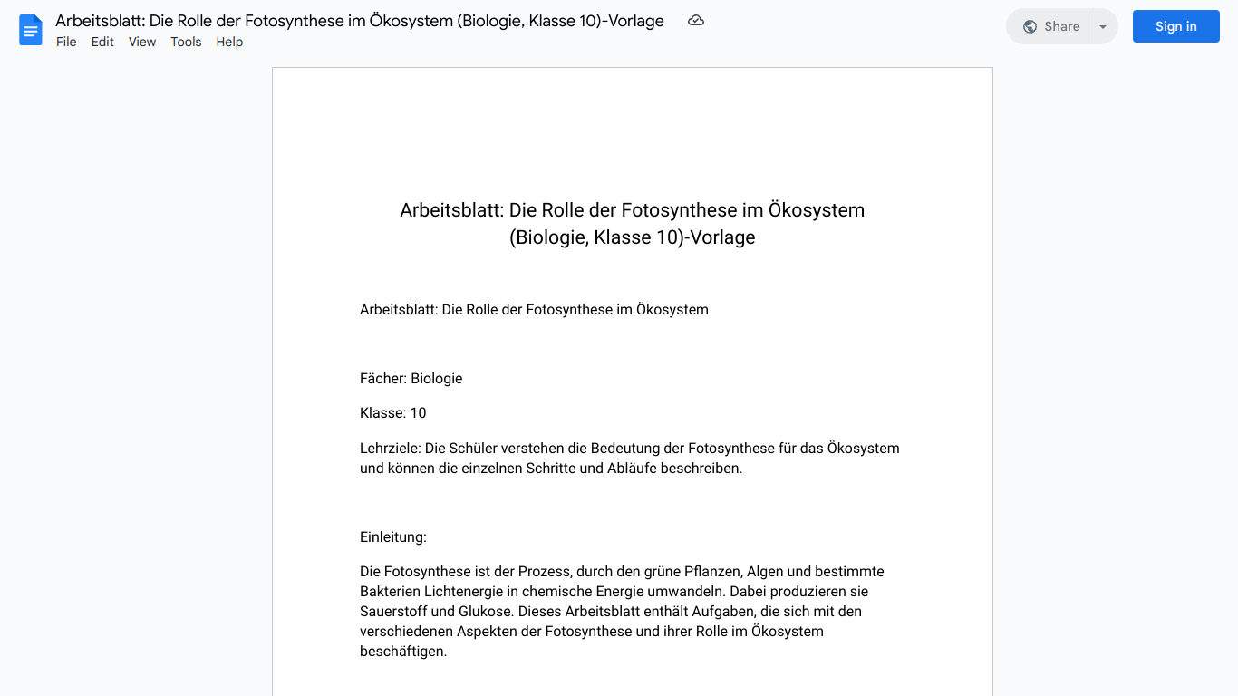 Arbeitsblatt: Die Rolle der Fotosynthese im Ökosystem (Biologie, Klasse 10)-Vorlage