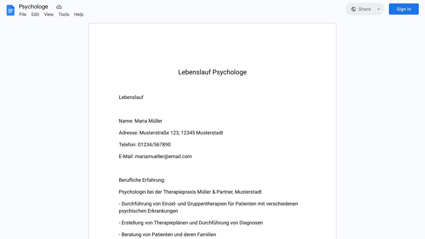 Lebenslauf-Psychologe