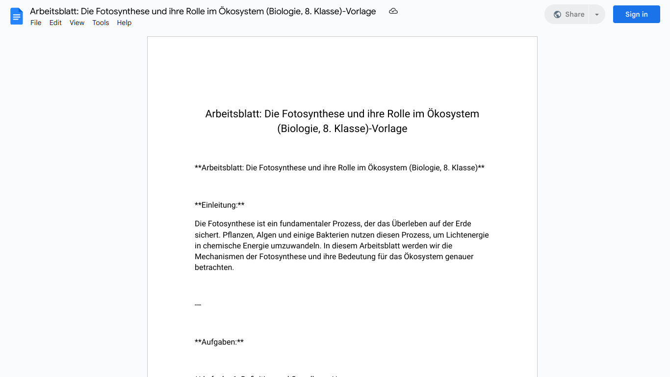 Arbeitsblatt: Die Fotosynthese und ihre Rolle im Ökosystem (Biologie, 8. Klasse)-Vorlage