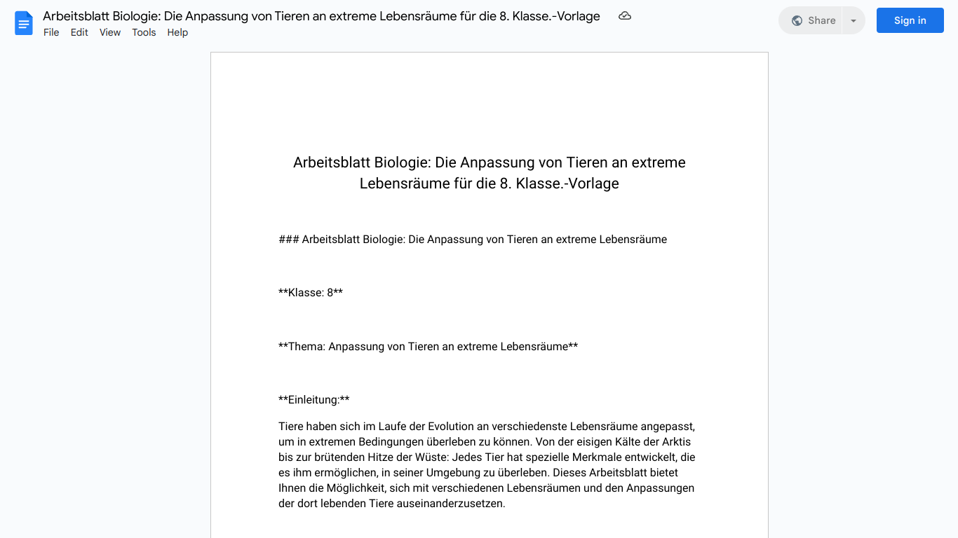 Arbeitsblatt Biologie: Die Anpassung von Tieren an extreme Lebensräume für die 8. Klasse.-Vorlage