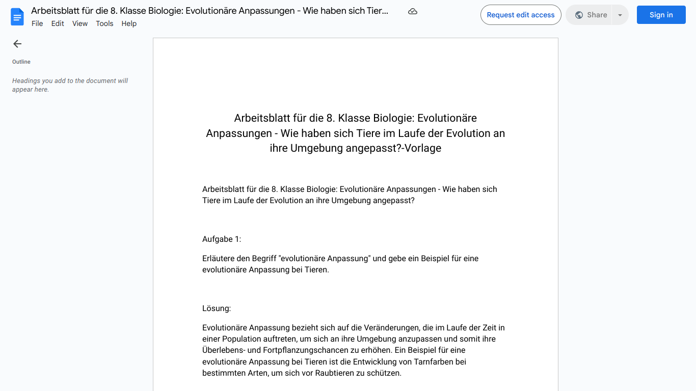 Arbeitsblatt für die 8. Klasse Biologie: Evolutionäre Anpassungen - Wie haben sich Tiere im Laufe der Evolution an ihre Umgebung angepasst?-Vorlage