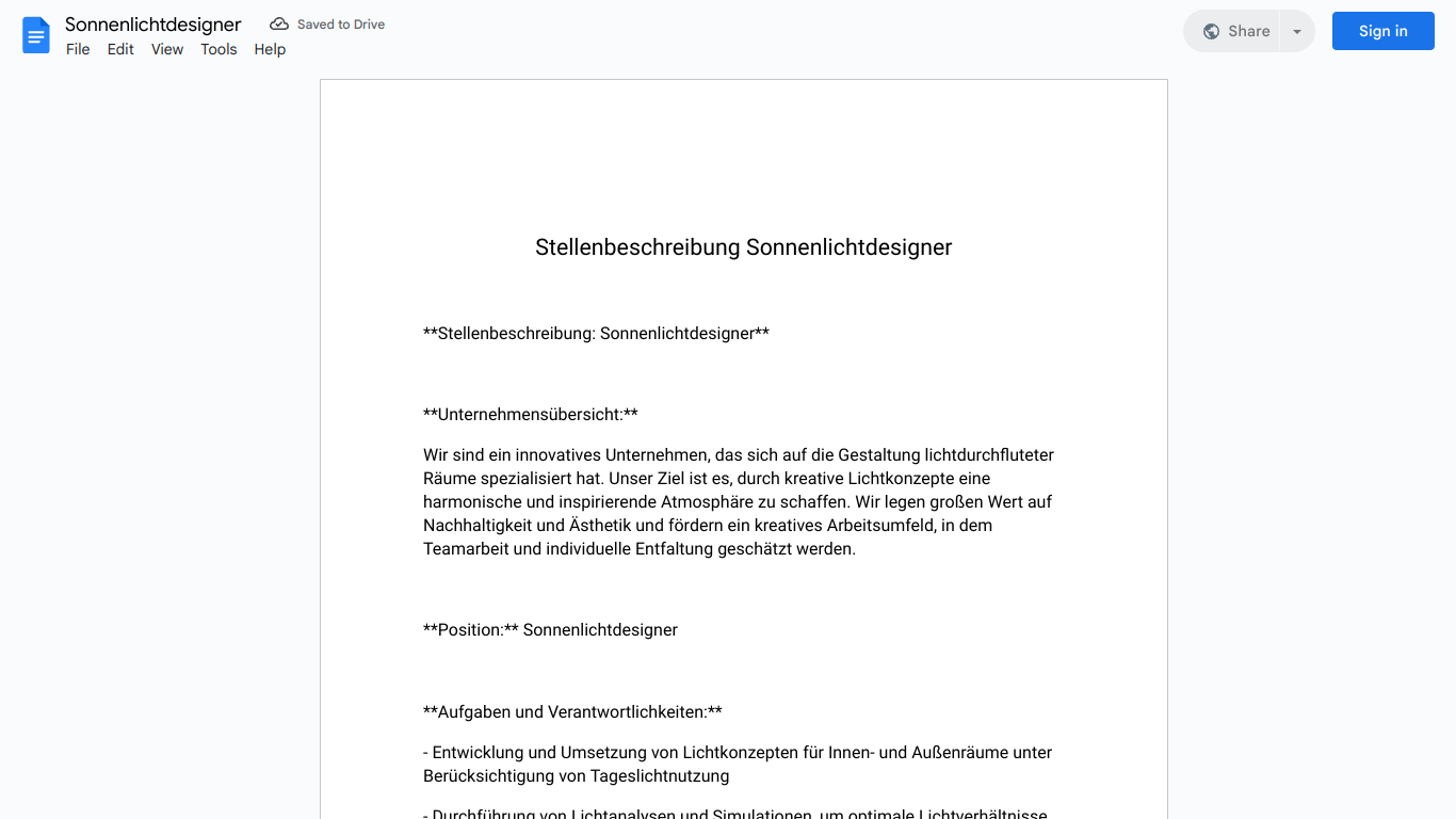 Stellenbeschreibung-Sonnenlichtdesigner