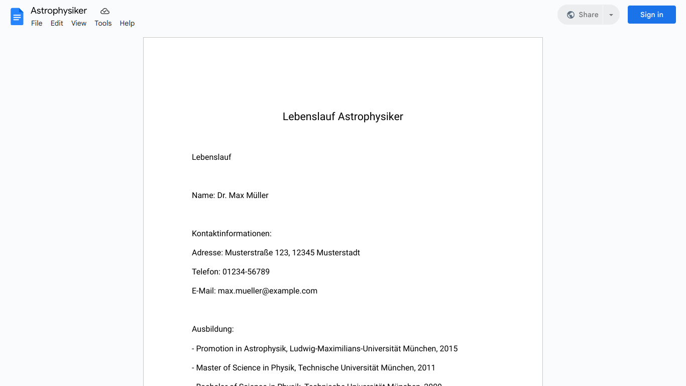 Lebenslauf-Astrophysiker