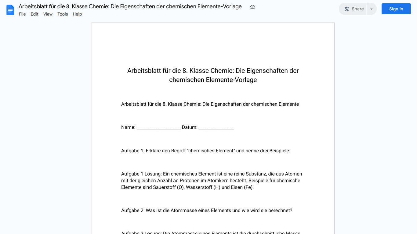 Arbeitsblatt für die 8. Klasse Chemie: Die Eigenschaften der chemischen Elemente-Vorlage