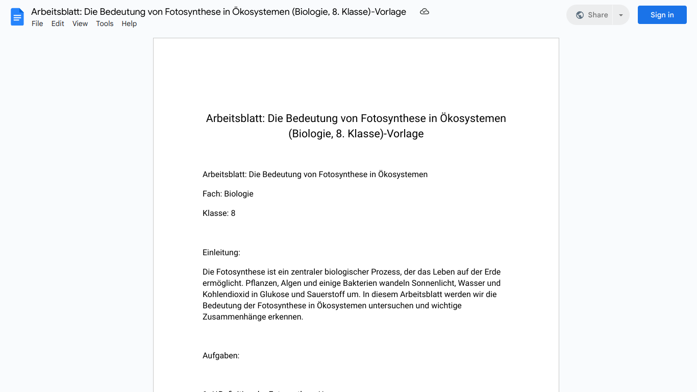 Arbeitsblatt: Die Bedeutung von Fotosynthese in Ökosystemen (Biologie, 8. Klasse)-Vorlage