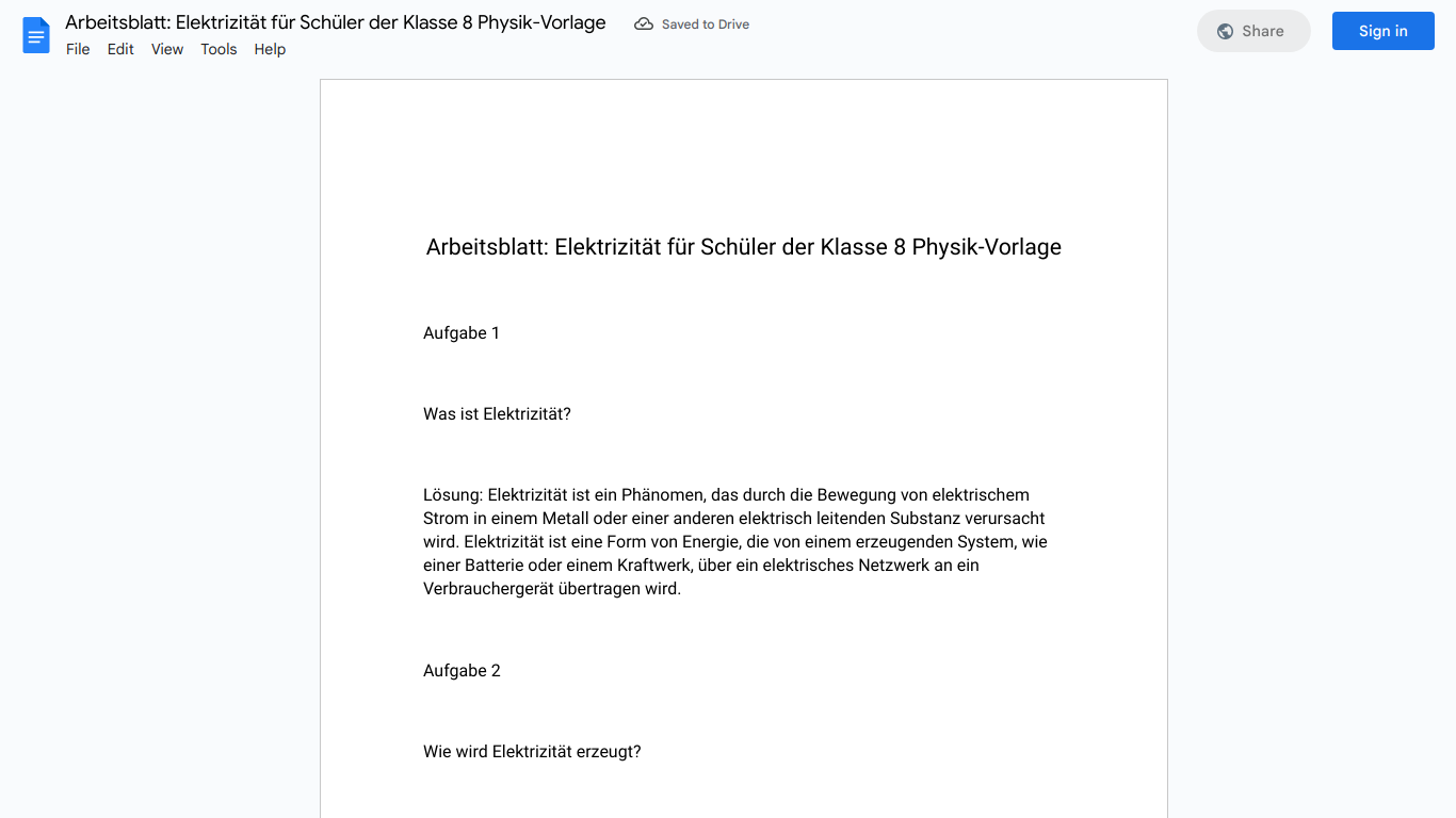 Arbeitsblatt: Elektrizität für Schüler der Klasse 8 Physik-Vorlage