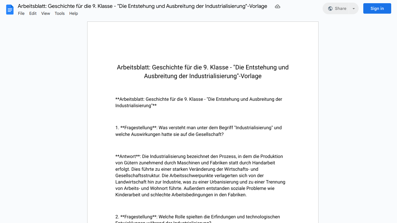 Arbeitsblatt: Geschichte für die 9. Klasse - "Die Entstehung und Ausbreitung der Industrialisierung"-Vorlage