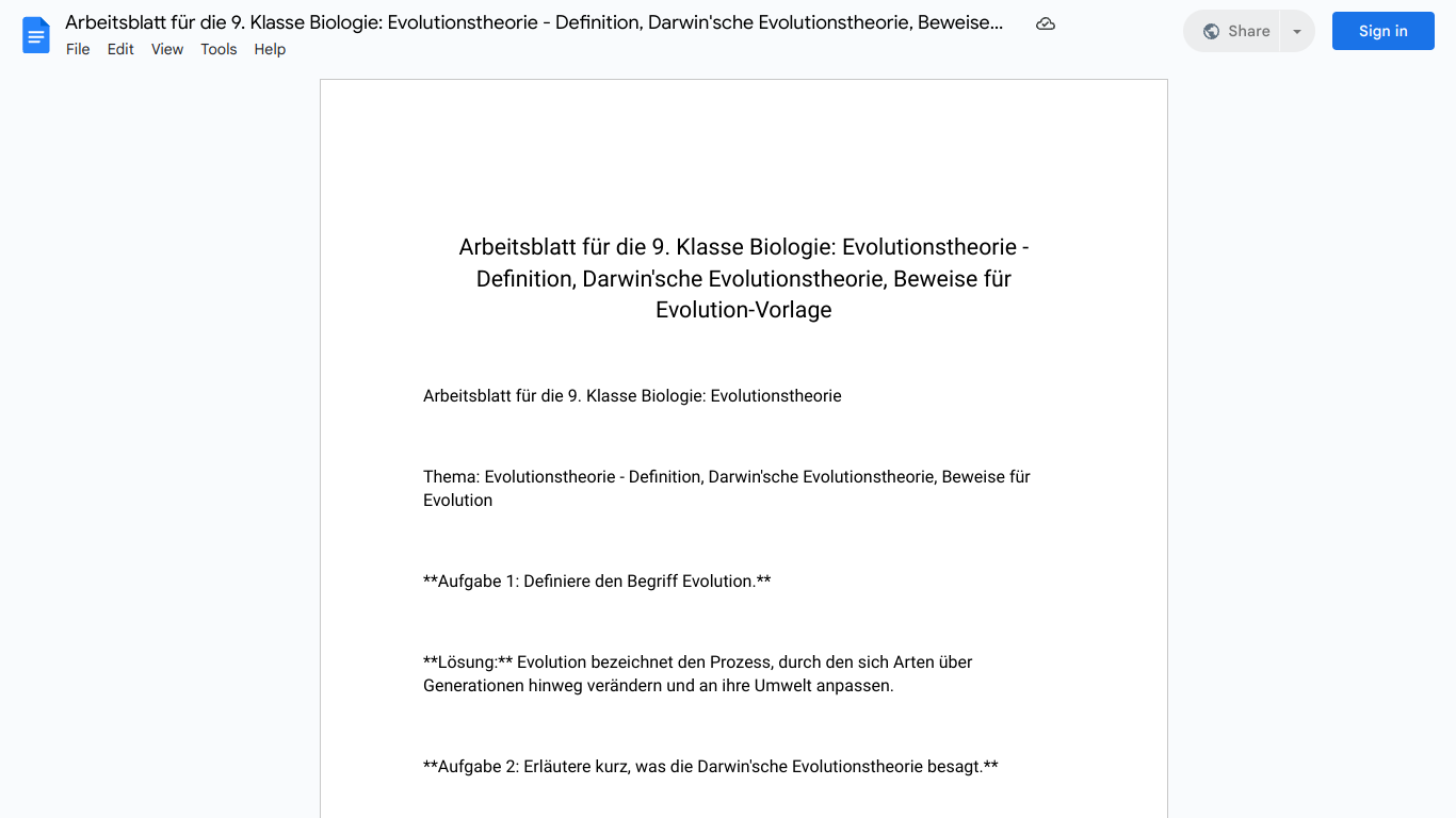 Arbeitsblatt für die 9. Klasse Biologie: Evolutionstheorie - Definition, Darwin'sche Evolutionstheorie, Beweise für Evolution-Vorlage