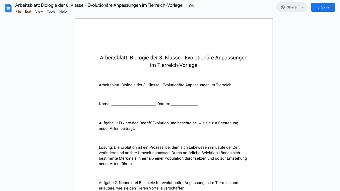 Arbeitsblatt: Biologie der 8. Klasse - Evolutionäre Anpassungen im Tierreich-Vorlage