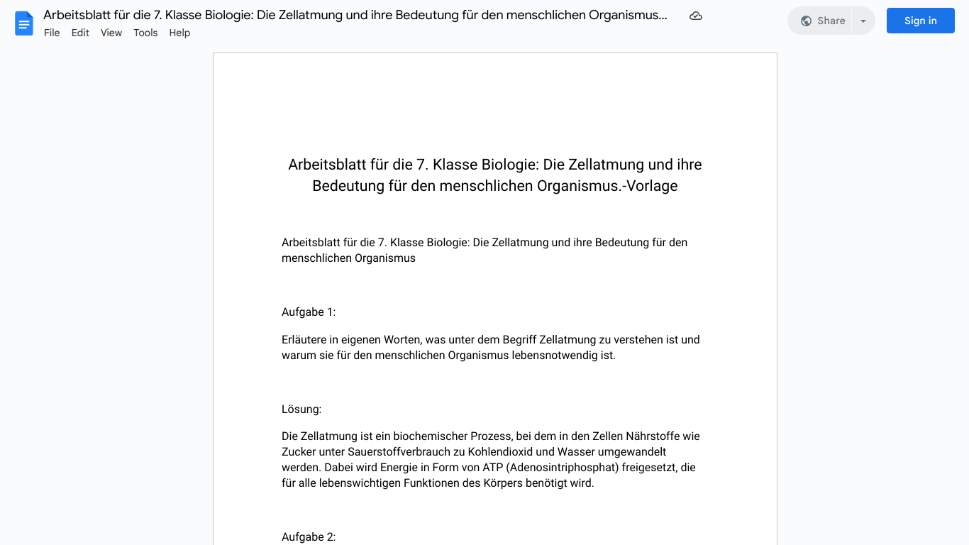 Arbeitsblatt für die 7. Klasse Biologie: Die Zellatmung und ihre Bedeutung für den menschlichen Organismus.-Vorlage