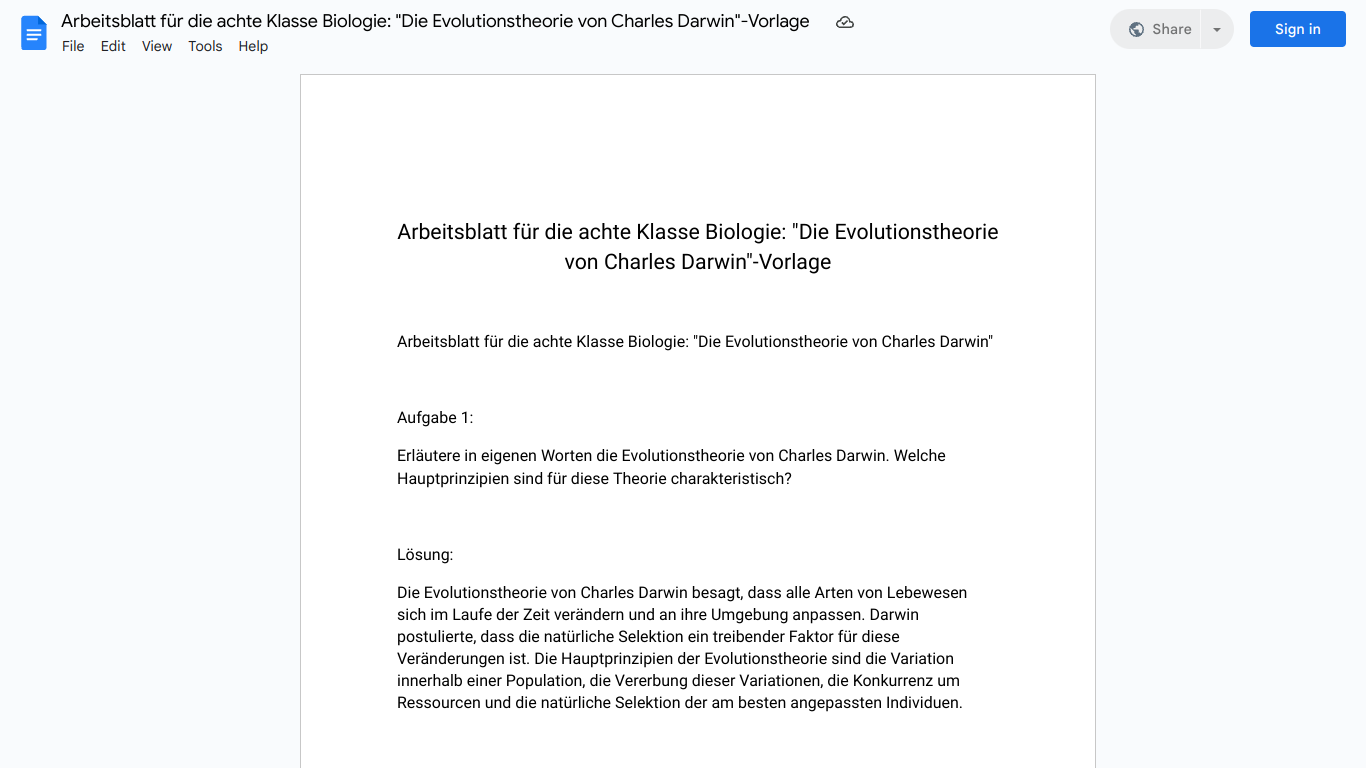 Arbeitsblatt für die achte Klasse Biologie: "Die Evolutionstheorie von Charles Darwin"-Vorlage