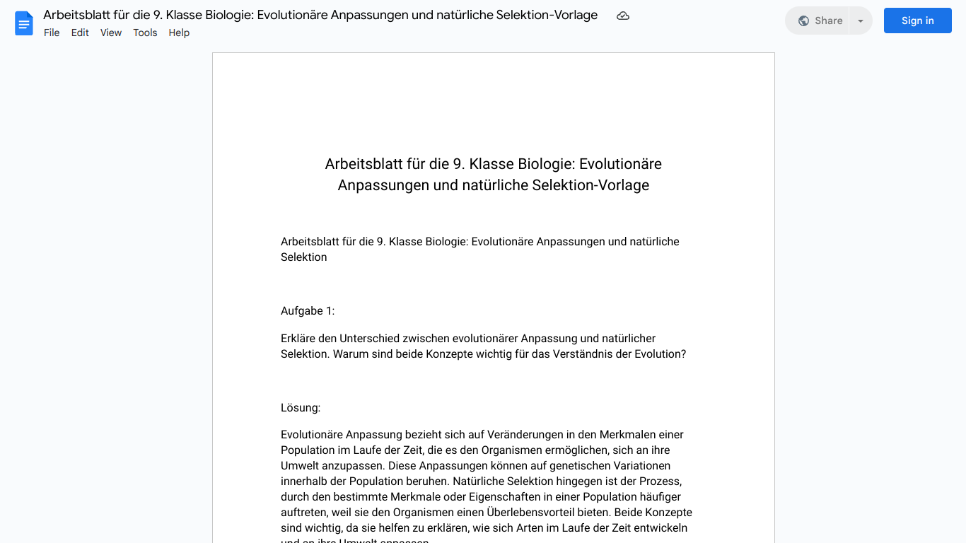 Arbeitsblatt für die 9. Klasse Biologie: Evolutionäre Anpassungen und natürliche Selektion-Vorlage