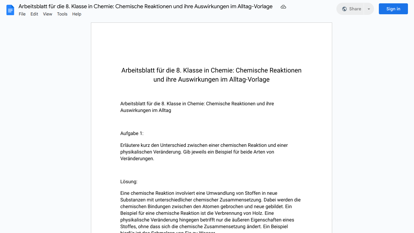 Arbeitsblatt für die 8. Klasse in Chemie: Chemische Reaktionen und ihre Auswirkungen im Alltag-Vorlage