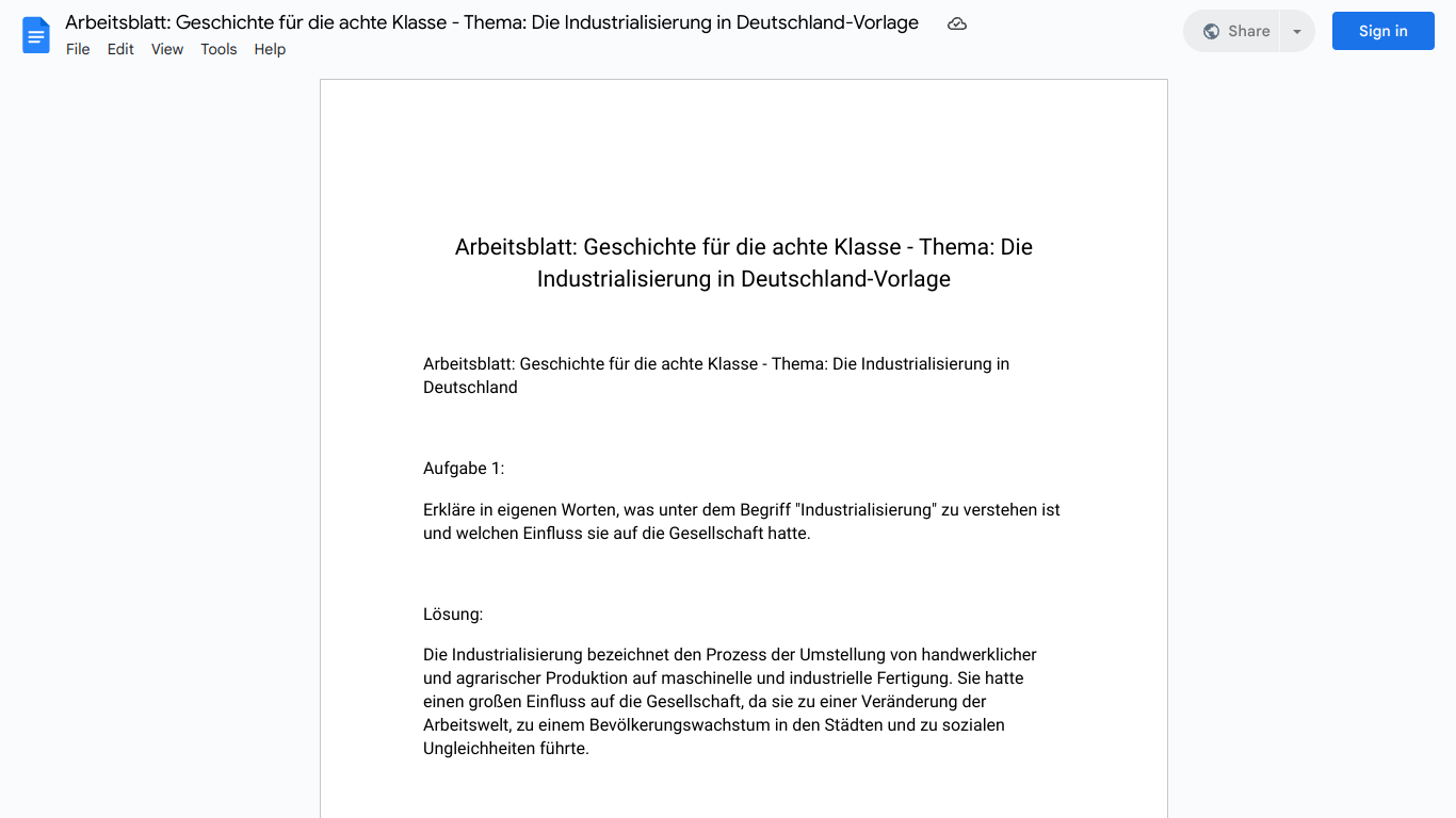 Arbeitsblatt: Geschichte für die achte Klasse - Thema: Die Industrialisierung in Deutschland-Vorlage