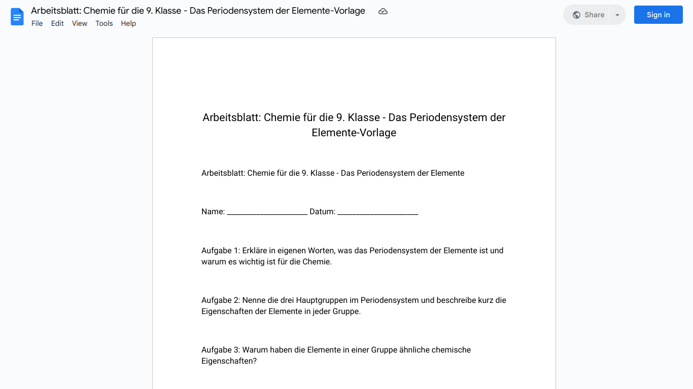 Arbeitsblatt: Chemie für die 9. Klasse - Das Periodensystem der Elemente-Vorlage