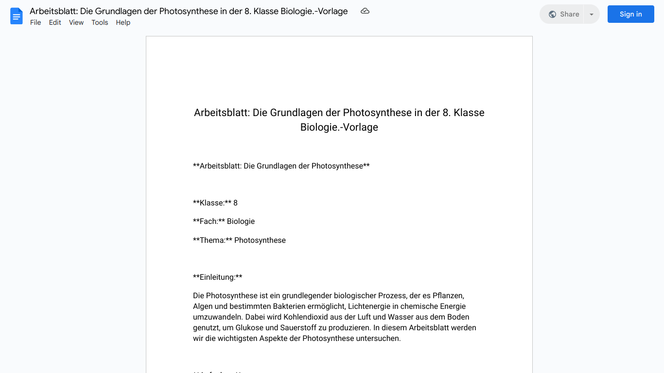 Arbeitsblatt: Die Grundlagen der Photosynthese in der 8. Klasse Biologie.-Vorlage