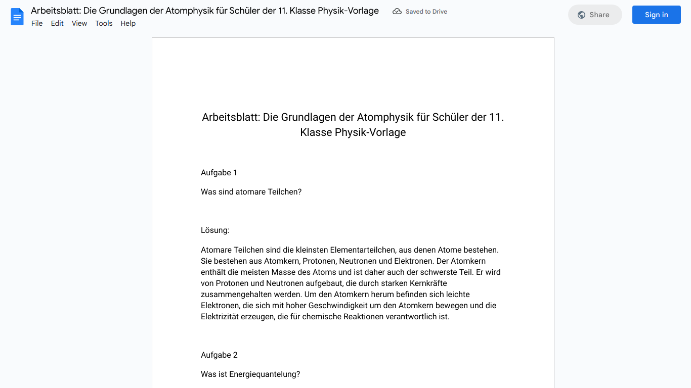 Arbeitsblatt: Die Grundlagen der Atomphysik für Schüler der 11. Klasse Physik-Vorlage