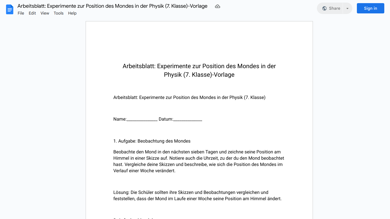 Arbeitsblatt: Experimente zur Position des Mondes in der Physik (7. Klasse)-Vorlage