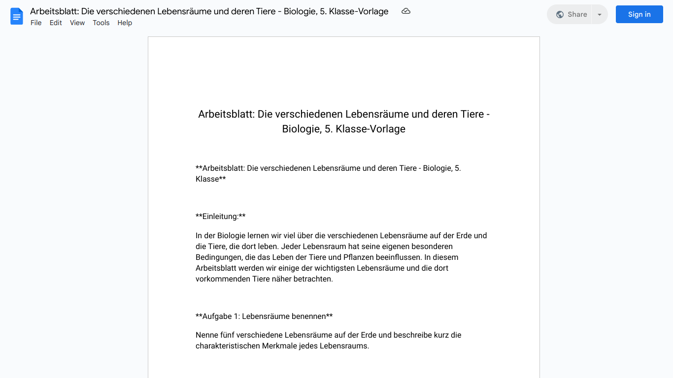 Arbeitsblatt: Die verschiedenen Lebensräume und deren Tiere - Biologie, 5. Klasse-Vorlage