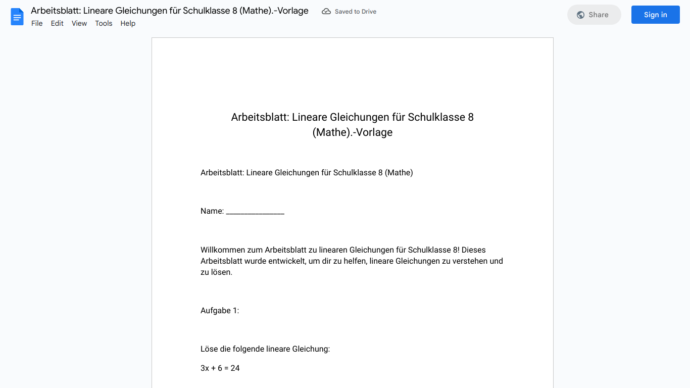 Arbeitsblatt: Lineare Gleichungen für Schulklasse 8 (Mathe).-Vorlage