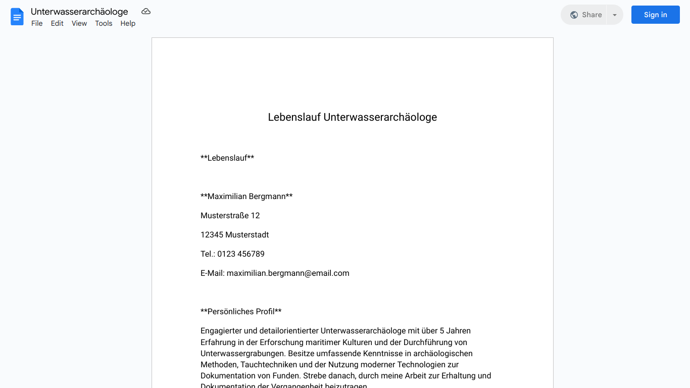 Lebenslauf-Unterwasserarchäologe