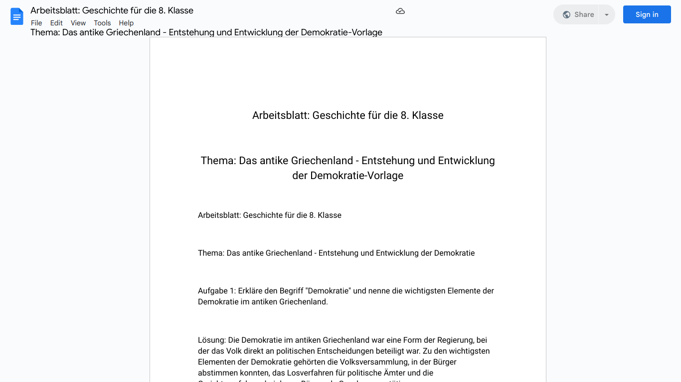 Arbeitsblatt: Geschichte für die 8. Klasse 

Thema: Das antike Griechenland - Entstehung und Entwicklung der Demokratie-Vorlage