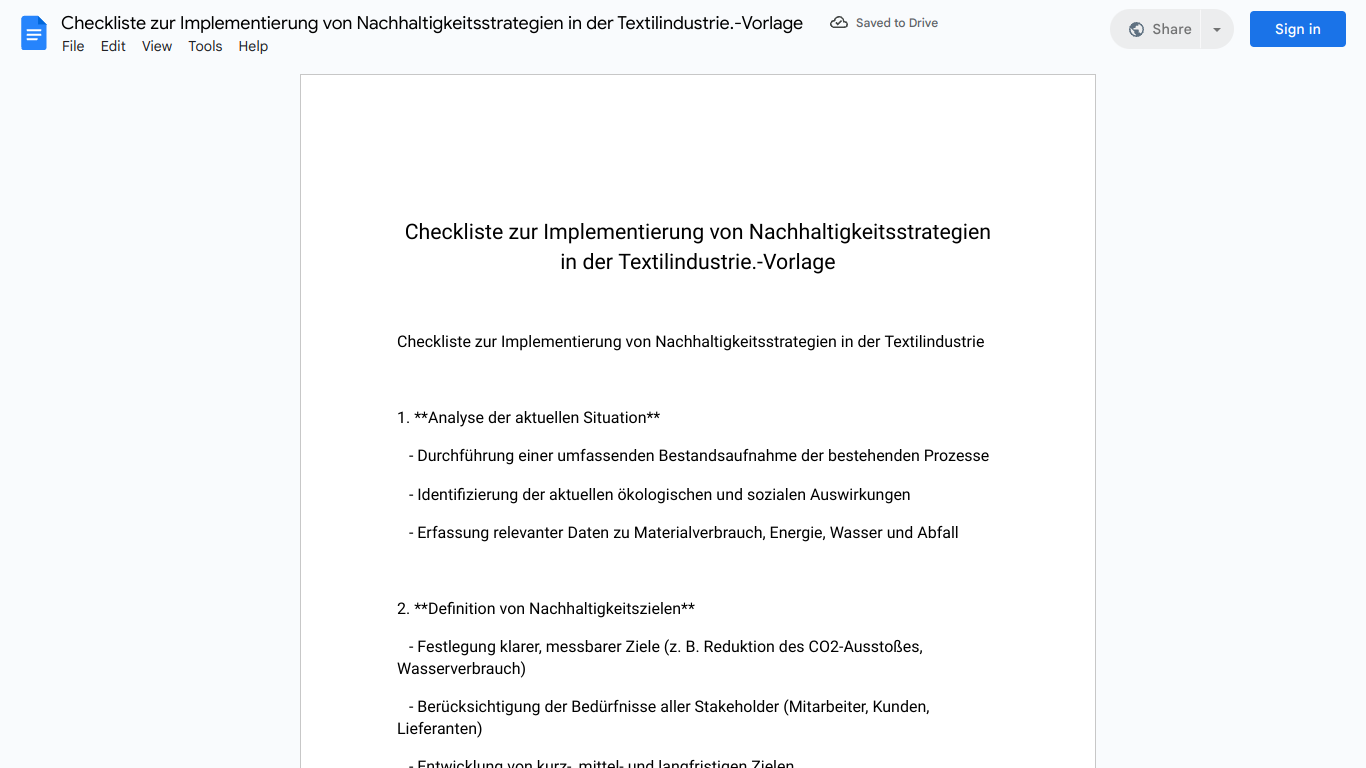 Checkliste zur Implementierung von Nachhaltigkeitsstrategien in der Textilindustrie.-Vorlage