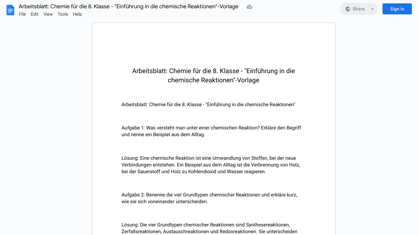 Arbeitsblatt: Chemie für die 8. Klasse - "Einführung in die chemische Reaktionen"-Vorlage