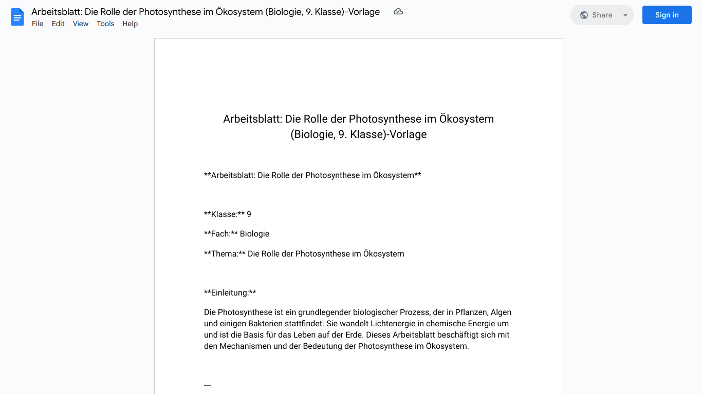 Arbeitsblatt: Die Rolle der Photosynthese im Ökosystem (Biologie, 9. Klasse)-Vorlage