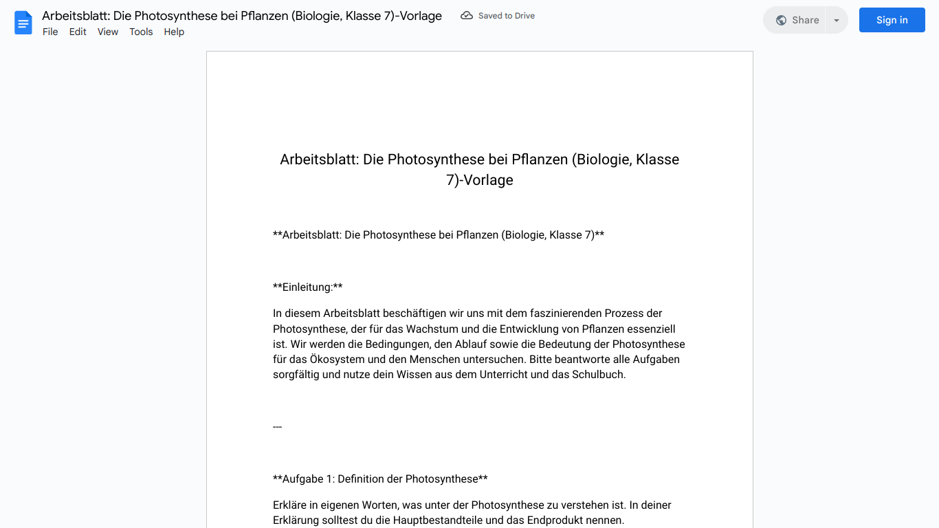 Arbeitsblatt: Die Photosynthese bei Pflanzen (Biologie, Klasse 7)-Vorlage