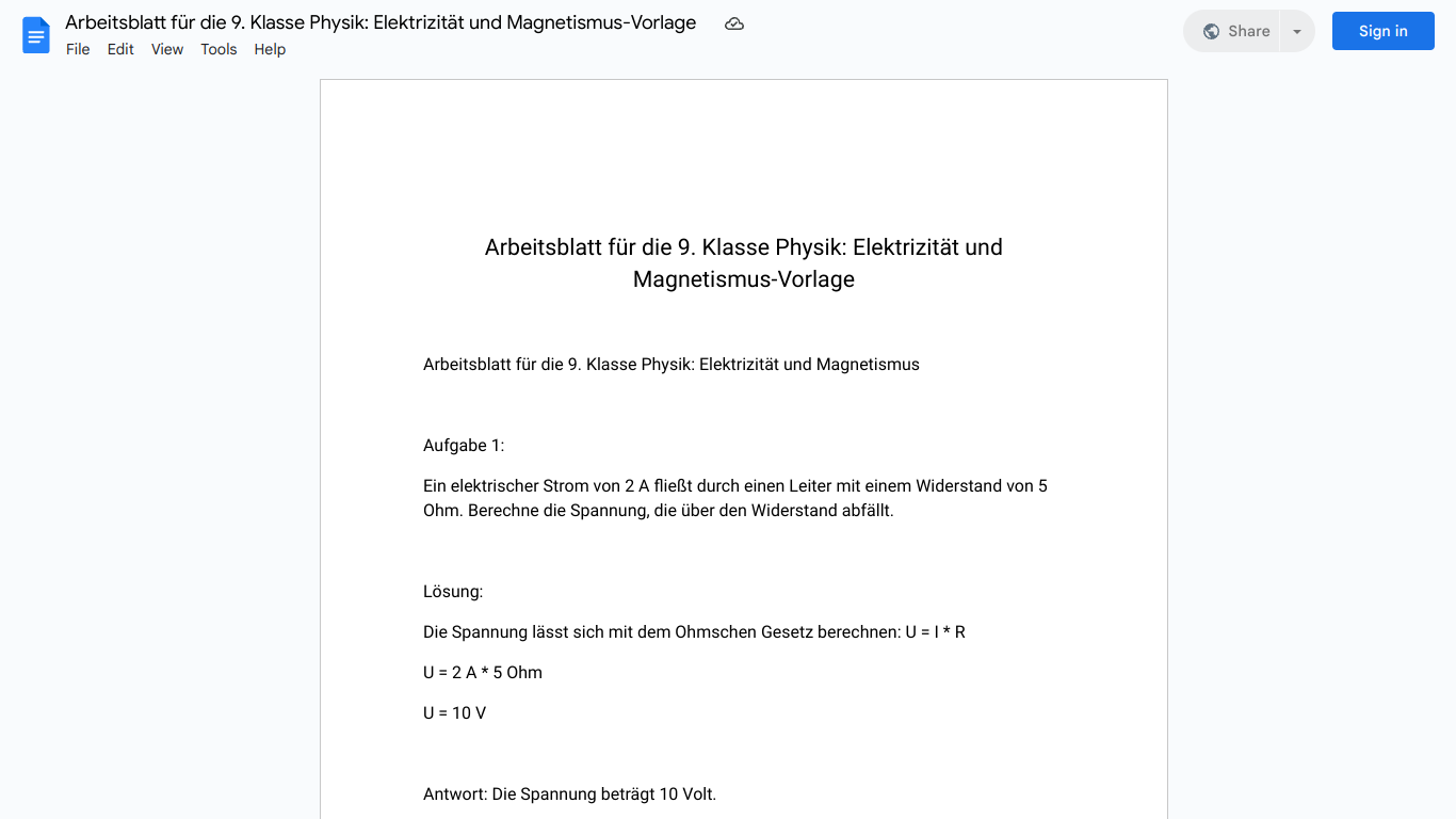 Arbeitsblatt für die 9. Klasse Physik: Elektrizität und Magnetismus-Vorlage