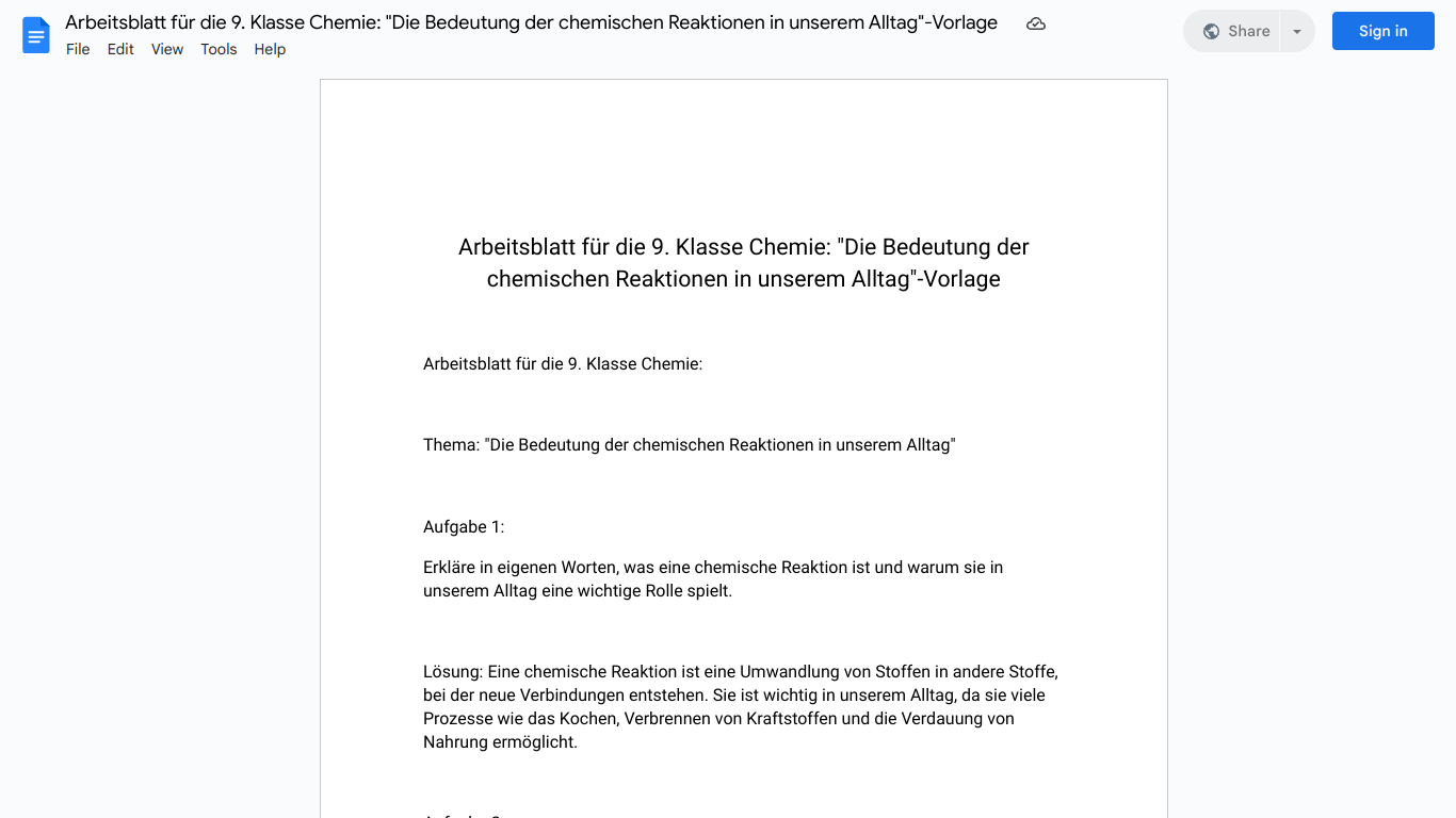 Arbeitsblatt für die 9. Klasse Chemie: "Die Bedeutung der chemischen Reaktionen in unserem Alltag"-Vorlage